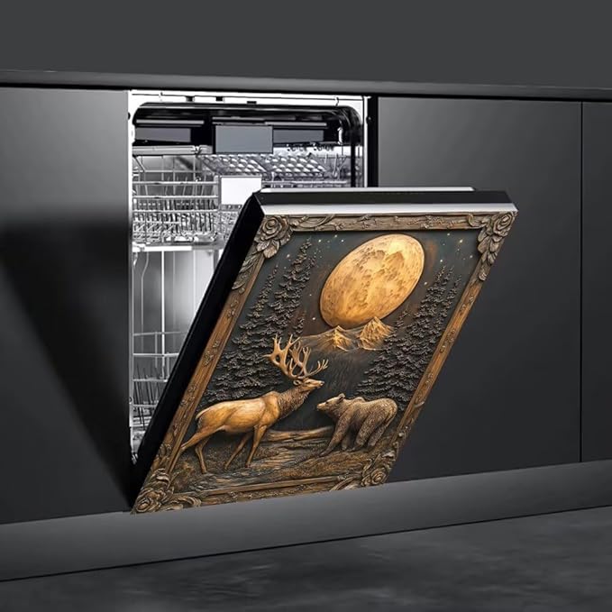 Elk Bear Moon Forest Scene Magnetic Dishwasher Cover Vinyl Sticker, Bronze Black Dishwasher Magnet Cover, Rustic Fridge Barn Door Cover Magnets Art Skin Panel Decal for Home Decor, 23"X26"
