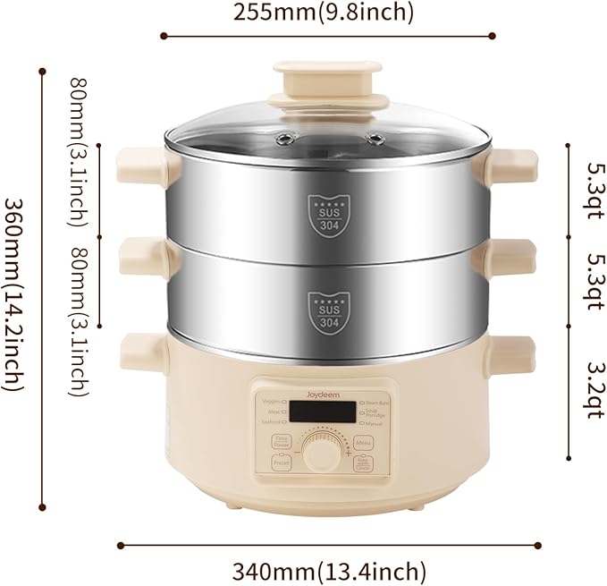 Joydeem Electric Food Steamer for Cooking, 2-Tier Stainless Steel Vegetable & Food Steamers, 13L/13.7 qt Large Capacity, DZG-A100