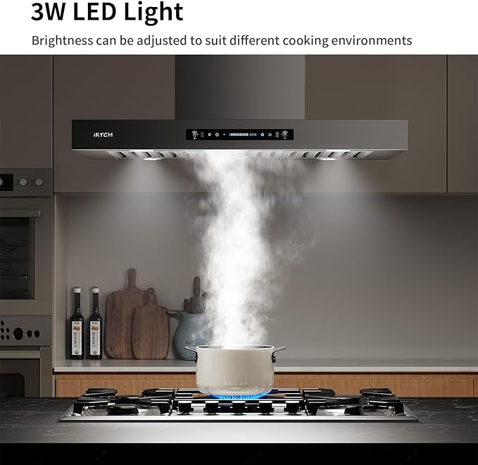 IKTCH Island Mount Range Hood 900 CFM, 42 Inch Stainless Steel Ducted Island Range Hood, Gesture Sensing & Touch Control, 4-Speed Fan