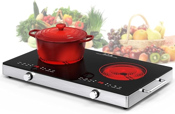VBGK Electric Cooktop,110V 2400W Electric Stove Top with Knob Control,9 Power Levels, Kids Lock & Timer,LED touch control,Overheat Protection Electric stove,24 Inch desktop 2 burner