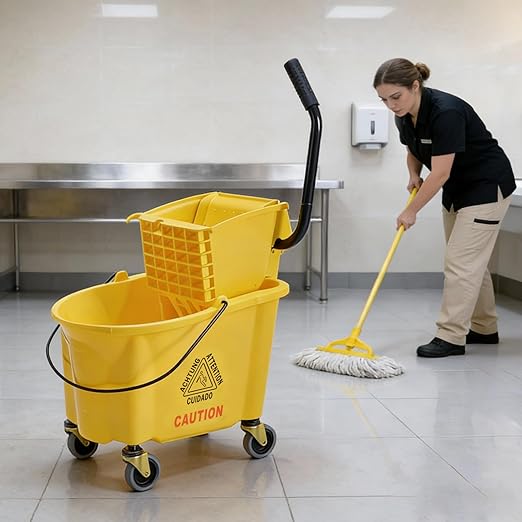 DUMOS 38-Quart Commercial Mop Bucket with Side-Press Wringer, Heavy-Duty Floor Cleaning System, Durable Wringer & Non-Marking Casters, Yellow