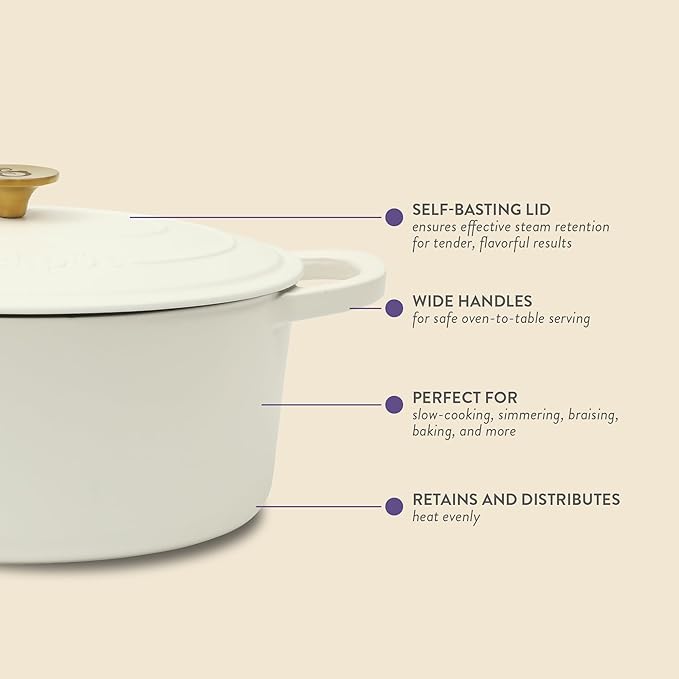 Crock Pot Artisan 7-Quart Oval Dutch Oven With Lid, Enameled Cast Iron, Linen White With Gold Knob, Heavy-Duty Cookware for Baking, Braising, Roasting & Slow Cooking