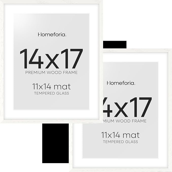 Homeforia 14x17 Picture Frame White, High End Oak 14x17 White Wood Frame with Mat 11x14 Photo, 14 x 17 Wooden Poster Frames Matted to 11 by 14, 17x14 Hanging Frames, Tempered Glass, Wall Kit, Set of 2