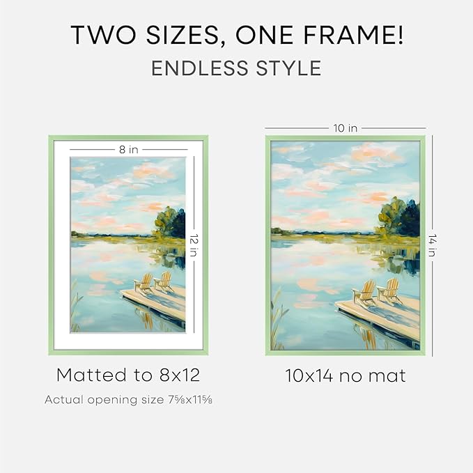 Homeforia 10x14 Picture Frame Sage Green, High End Metal 10x14 Wall Hanging Frame with Mat 8x12, 10 x 14 Poster Frame Matted to 8 x 12 inch Photo, 10by14 Thin Frame, Tempered Glass, Wall Kit, Set of 2