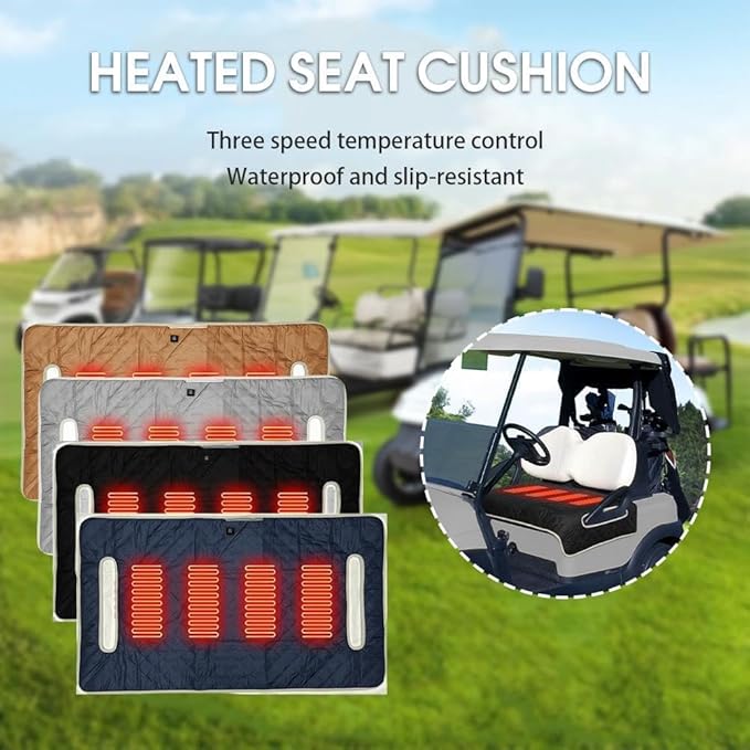 Universal Heated Golf Cart Seat Cover - Waterproof Golf Cart Heater Accessory w/ 4-Zone Warmth, 3 Heat Levels, USB/Type-C & 12V Plug for EZGO/Yamaha/Club Car (Black)