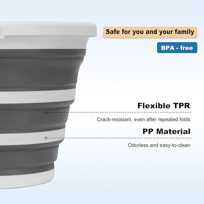 Collapsible Bucket with Handle, 2.6 Gallon Foldable Water Bucket for Car Wash, Cleaning, Camping and Outdoor, Gray and White