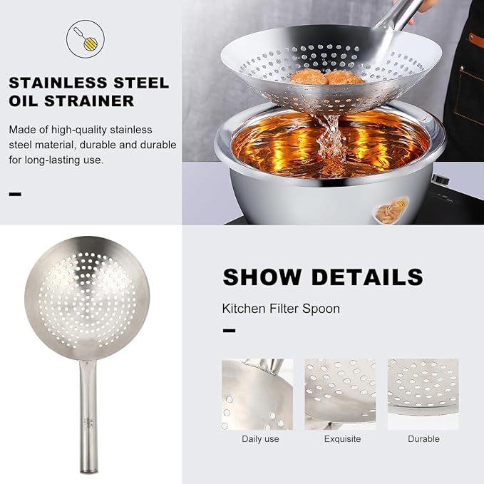 Stainless Steel Skimmer Spoon Kitchen Serving Spoon with Filter Large Slotted Strainer Spoon Oil Filter Spoon Mesh Wire Frying Spoon 9.5 x 7 inch
