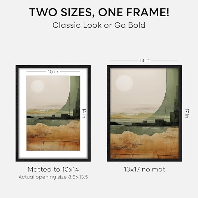Homeforia 13x17 Picture Frame Black Wood, High End Oak 13x17 Poster Frames with Mat 10x14 Photo, 13 x 17 Wooden Frame Matted to 10 by 14 Print, 17x13 Hanging Frames, Tempered Glass, Wall Kit, Set of 1