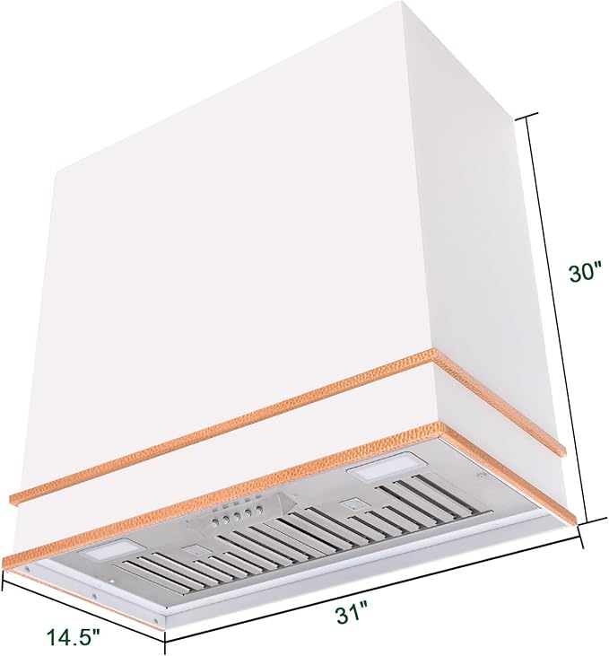 Akicon Range Hood 30 Inch, Stainless Steel Ducted Kitchen Hood with Powerful Motor, Wall Mount Modern Box, 30W X 30H X 14D Inch, AK-HS30HA-SWC (Signal White with Copper)