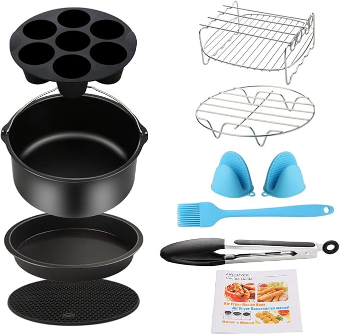 Air Fryer Accessories 9PCS for Gowise Gourmia Cozyna Ninja Air Fryer, Fit all 3.7QT - 5.8QT Power Deep Hot Air Fryer with 7 Inch Cake Barrel, Pizza Pan, Cupcake Pan, Oven Mitts, Skewer Rack,