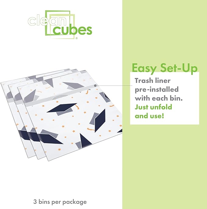 13 Gallon Disposable Pop-Up Trash Cans (3-Pack) with Fitted Bags – Foldable Garbage & Recycling Bins for Parties, Events & Kitchen (Graduation, 17" H x 13.5" W x 10" D)