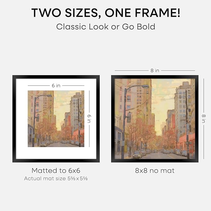 Homeforia 8x8 Black Picture Frame, High End Metal 8 x 8 Square Photo Frames with Mat 6 by 6, 8x8 Poster Frame Matted to 6x6 inch Print, 8by8 Wall or Tabletop Frames, Tempered Glass, Wall Kit, Set of 4