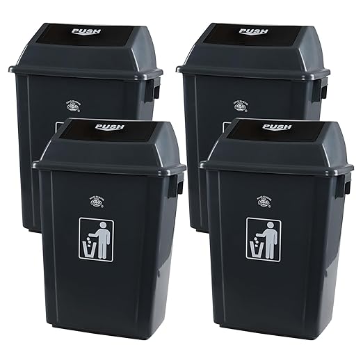 4-Pack Plastic Trash Can with Swing Lid, 15 Gallon Large Swing Top Garbage Can, Grey