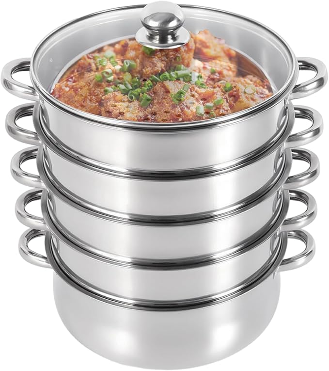 Steamer 30cm/11.81in, 5-tier Stainless Steel Steam Cooker w/Clear Glass Lid & Handles, Home Round Stackable Multipurpose Steam Pot for All Stoves, 14.37 * 15.55in (1xBottom Pot, 4xSteaming Baskets)