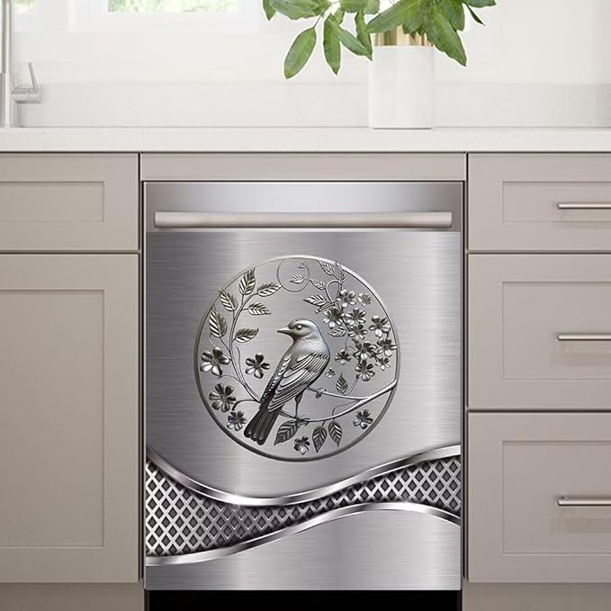 Imitation Stainless Steel Design Bird Wallpaper Dishwasher Magnet Cover Sticker,Refrigerator Magnet Cover Decal Fridge Microwave Stickers Kitchen Decor,23 x 26 Inch