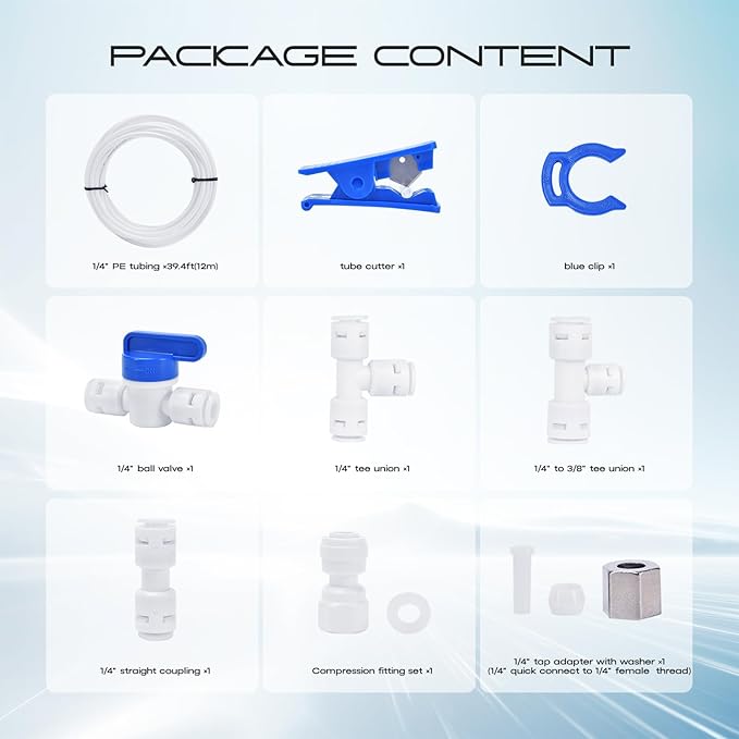 Refrigerator Water Line Kit, CNAODUN Ice Maker Water Line Kit with 1/4" OD 39.4ft Water Line Reverse Osmosis Quick Connect Fittings Push To Connect Water Tube Fittings for Fridge Ice Maker