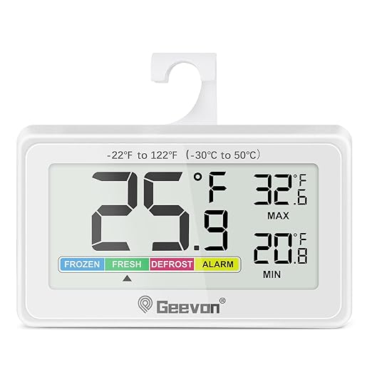 Geevon Digital Refrigerator Thermometer,IP65 Waterproof Fridge and Freeze Thermometer with Magnetic Back Large LCD,Max/Min Record Function for Home,Commercial (White-1Pack)