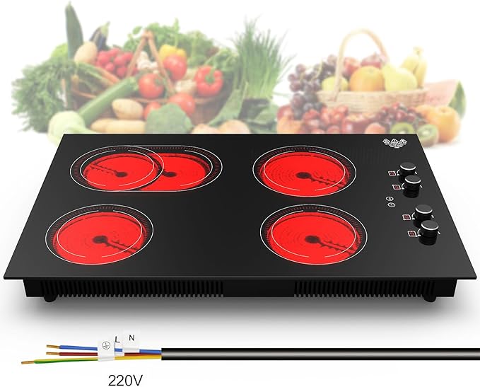 4 Burner Electric Cooktop,7200W Built-in & Countertop 30 inch stove top with 9 Power Levels, Child Safety Lock & 99 mins Timer, 30 inch Electric Cooktop 220-240V (No Plug)