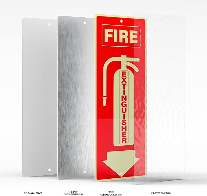 3 Pack Fire Extinguisher Signs 10 × 4 Inches Glow in the Dark Aluminum Sign Waterproof UV Protected Fade Resistance Signage for Home Office Business