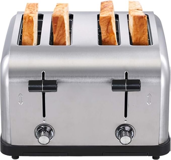 1800W Commercial Grade 4-Slice Pop Up Toaster -Stainless Steel 6-Browning Settings for Bread with Removable Crumb Tray for Bagel Bread English Muffins, Waffles (Commercial & Home Use)