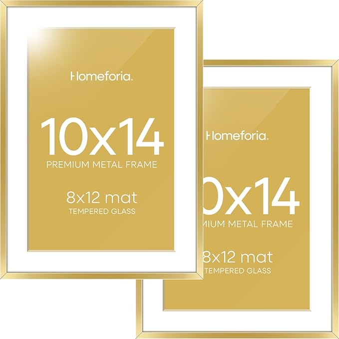 Homeforia 10x14 Picture Frame Gold, High End Metal 10x14 Poster Frames with Mat for 8x12, 10 x 14 Gold Frame Matted to 8 x 12 inch Photo, 10by14 Thin Hanging Frames, Tempered Glass, Wall Kit, Set of 2