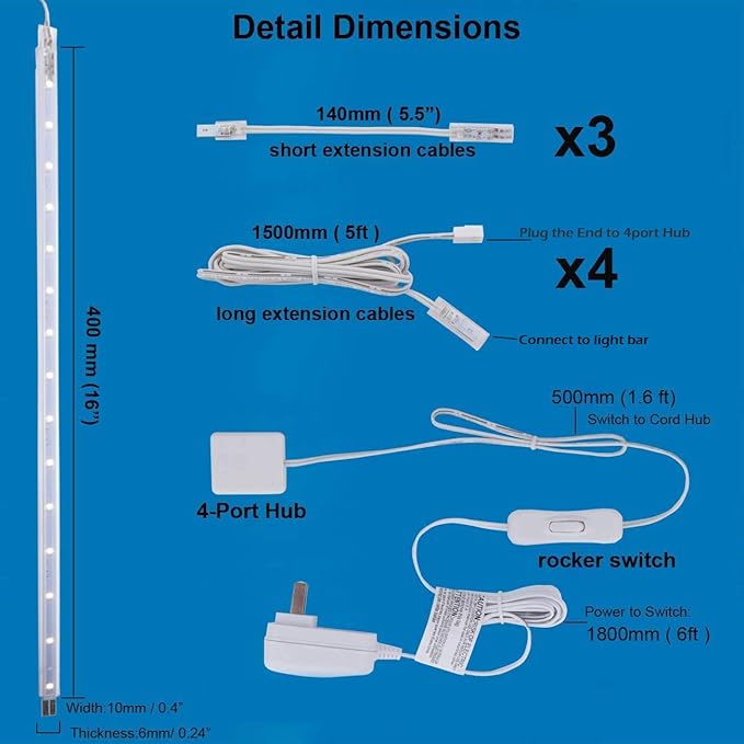 Cefrank LED Display Light Bar Kit - (4) 16" Linkable Lights - Plug in - Series + Parallel Connection - Low Profile - Soft Warm White