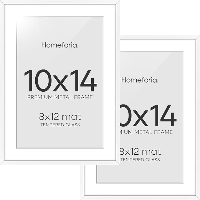 Homeforia 10x14 Picture Frame White, High End Metal 10x14 Poster Frames with Mat for 8x12, 10 x 14 White Frame Matted to 8 x 12 inch Photo, 10by14 Thin Hanging Frames, Tempered Glass, Wall Kit, Set of 2