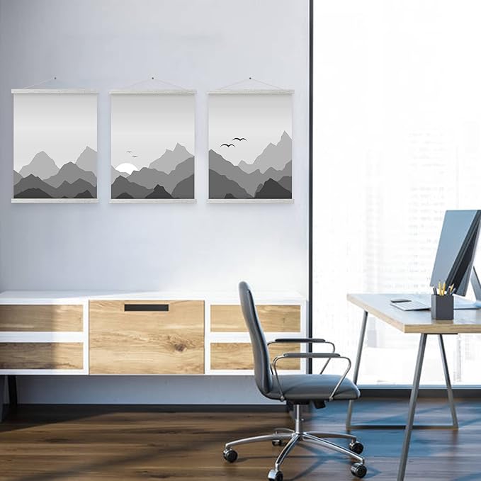 Magnetic Poster Hanger, 16x20 16x24 16x22 Poster Frame Wood Wooden Magnet Print Posters Dowel Scroll Hanger Hangers Hanging Kit for Walls Map Canvas Artwork (Grey, 16")