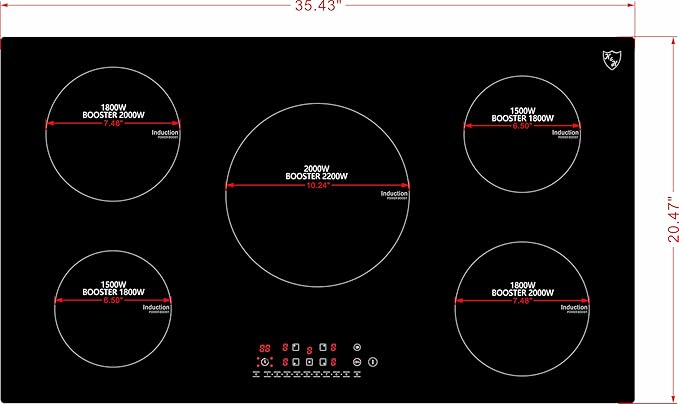K&H 5 Burner Induction Cooktop - 36 Inch Built-In Electric Cermic Stove Top - 17 Heating Levels, 240V, 9200W High-Power Built-in Electric Stove Top - Child Lock, Timer & Touch Control - IN36-9205