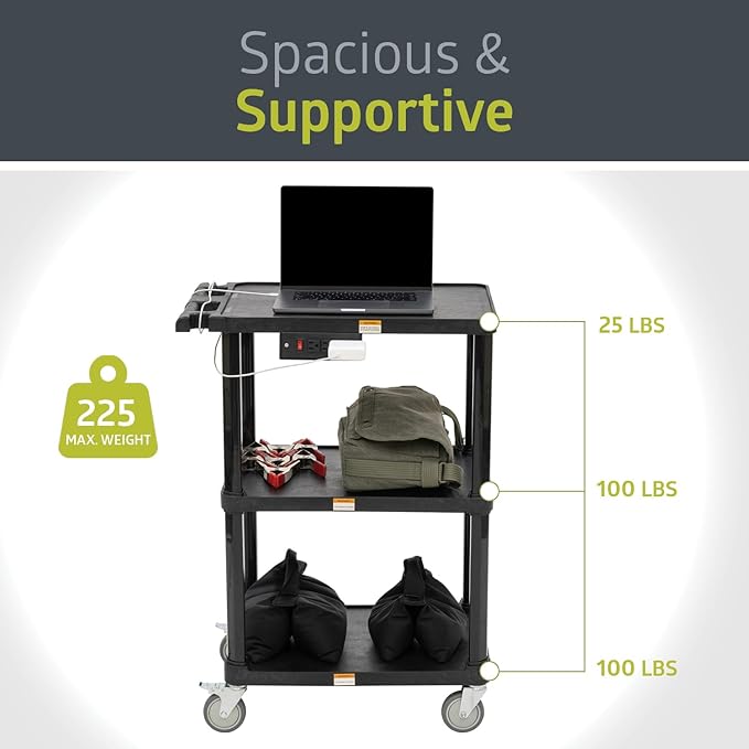 Pearington 3-Shelf Mobile Utility Cart with 3 Outlets and 8' Cord, Heavy-Duty Service Cart for Offices and Warehouses with 3 Shelves, Black, 2 Pack