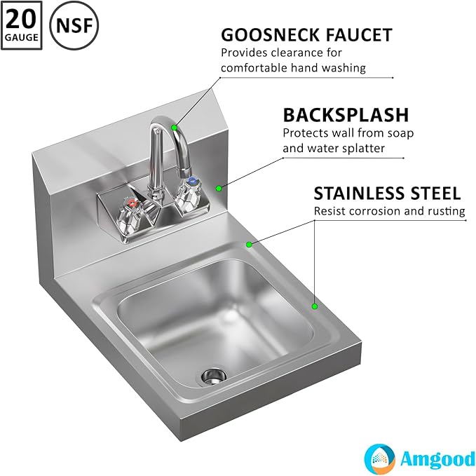 AmGood Stainless Steel Wall Mount Hand Sink | NSF | Commercial Hand Washing Basin For Restaurant, Kitchen and Home (12" x 16")