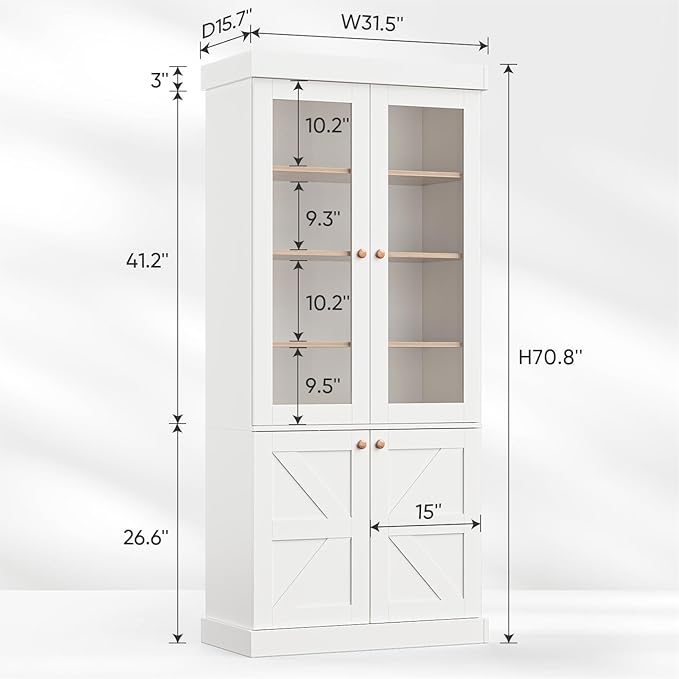 Vyre 71" Tall Farmhouse Kitchen Pantry, Large Storage Cabinets with Glass Doors, Adjustable Shelves, Wood Versatile Hutch Cabinet for Living Room, Dining Room