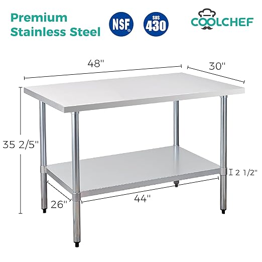 COOLCHEF Stainless Steel Work Table 30 x 48 Inch, NSF Commercial Prep Table with Undershelf, Heavy Duty Food Prep Workstation