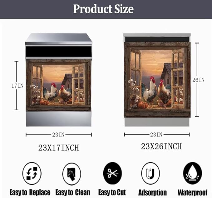 Farm Rooster Magnet Dishwasher Covers, Country Chicken Dishwasher Magnet Cover for Front, Hen Fridge Decal Cotton Flower Magnetic Refrigerator Sticker Kitchen Decorative, 23"X26"