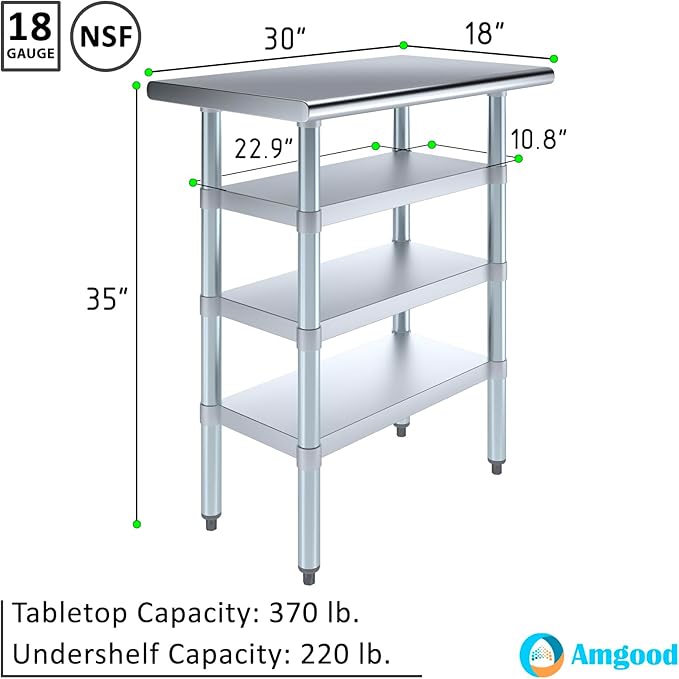 18 in. x 30 in. Stainless Steel Work Table with Three Bottom Shelves | NSF Kitchen Prep Table | Utitly Metal Table