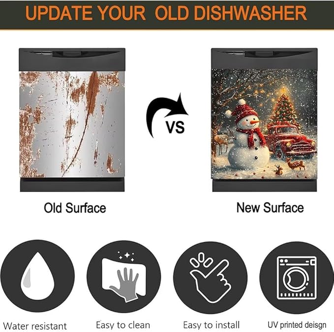 Christmas Snowman Dishwasher Magnet Cover, Winter Deer Dishwasher Cover Panel Decal for Front, Red Truck Magnetic Refrigerator Magnets Holiday Decor Kitchen Appliance Sticker, 26"x17"