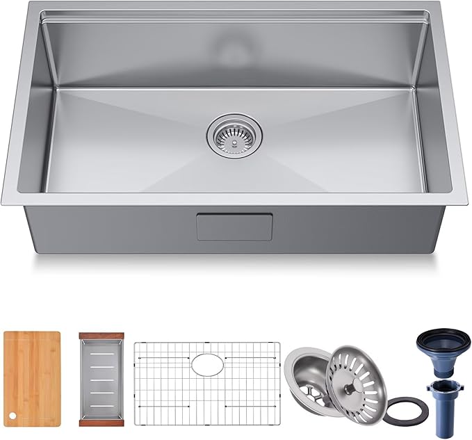 32 inch Undermount Handmade Workstation 18 Gauge Single Bowl Stainless Steel Kitchen Sink with Accessories