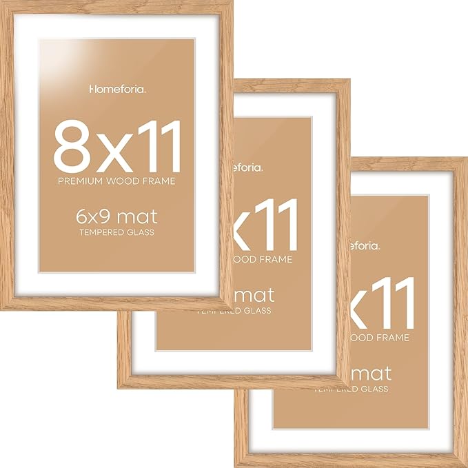Homeforia 8x11 Picture Frame Wood, High End Natural Oak 8 x 11 Light Wooden Frames with Mat 6 by 9 inch Photo, 8by11 Frame Matted to 6x9 Art, Wall or Tabletop Frame, Tempered Glass, Wall Kit, Set of 3