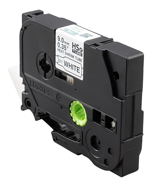 Brother HSe221E ~1/3in (9mm) Black on White Heat Shrink Tube, 3:1 Electrical Shrink Wrap Labeling Tape for AWG 10-22, 4.9 ft (1.5m) Cassette for P-Touch Industrial Heat Shrink Label Printers