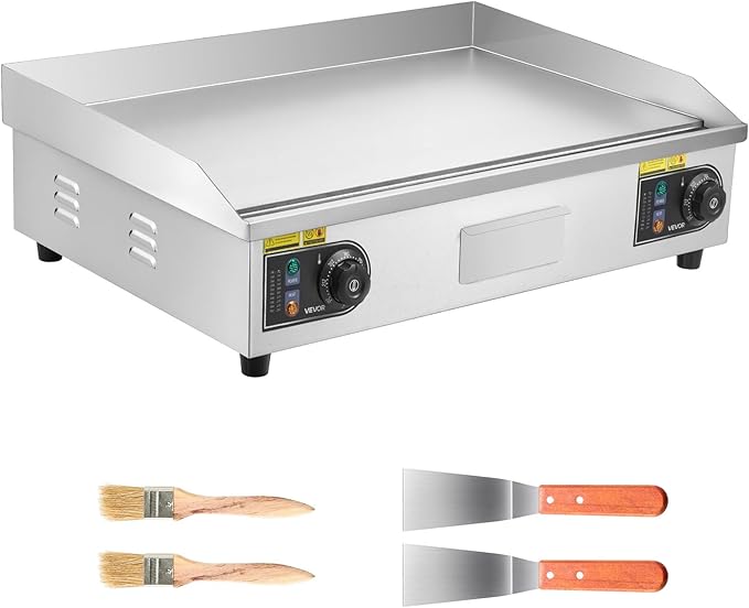 VEVOR Commercial Electric Griddle, 28.54 x 15.75 in, 4400W, 122-570°F Adjustable Temp Control, Stainless Steel Countertop Full Flat Top Grill with 2 Spatulas and 2 Brushes, for Steak, Pancake, Squid
