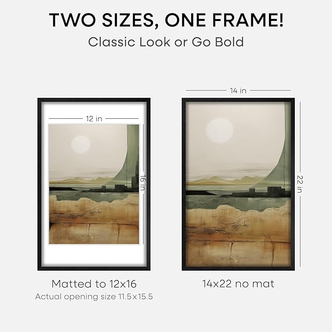 Homeforia 14x22 Frame Black Wood, High End Oak 14x22 Picture Frames with Mat 12x16 Photo, 14 x 22 Wooden Poster Frame Matted to 12 by 16 Print, 22x14 Hanging Frames, Tempered Glass, Wall Kit, Set of 3