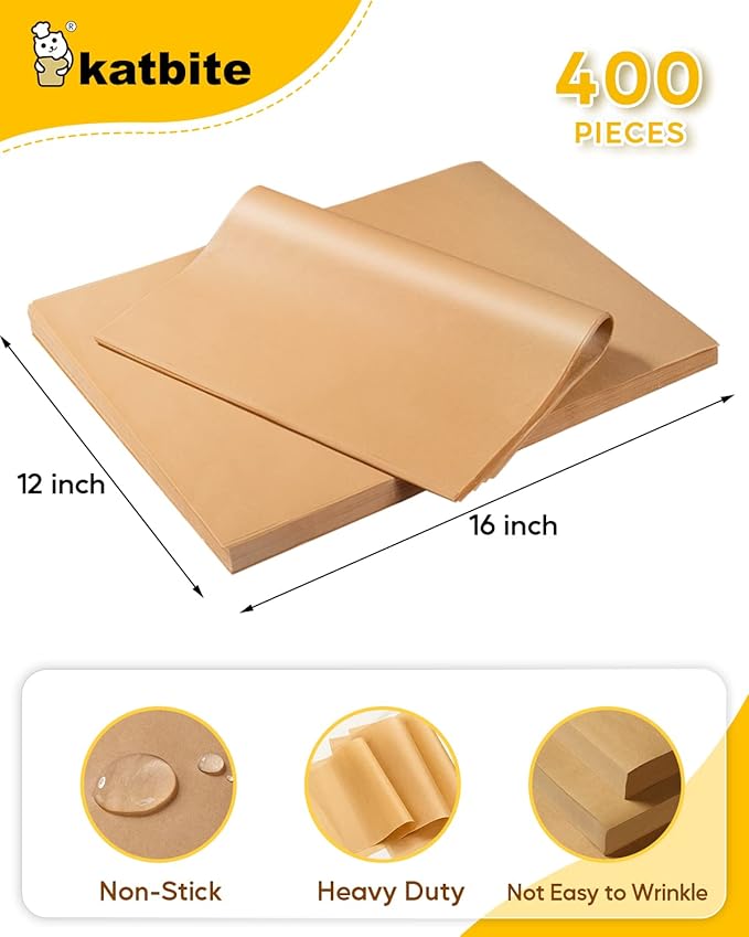Katbite 800PCS Unbleached Parchment Paper Sheets, 12 x 16 IN Pre-Cut Baking Parchment, Heavy Duty Non-Stick Baking Paper for Half Sheet Cookie Bread Cake Pans, Grilling Meat Pizza,Oven,Air Fryer