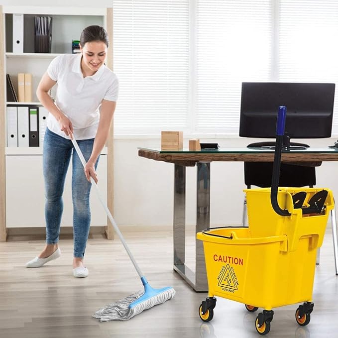 Mop Bucket, Commercial Bucket for Mopping on Wheels with Potable Handle, Mop Bucket with Wringer for Home, Household, Office, Bathroom, Yellow (34 Quarts)