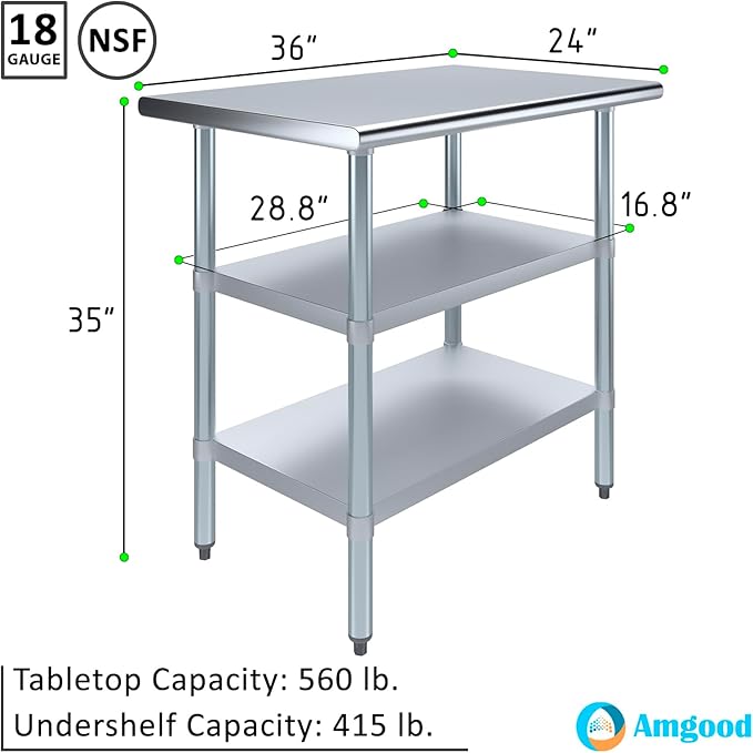 AmGood Stainless Steel Work Table with 2 Shelves | NSF | Metal Utility Table (36" Long x 24" Deep)
