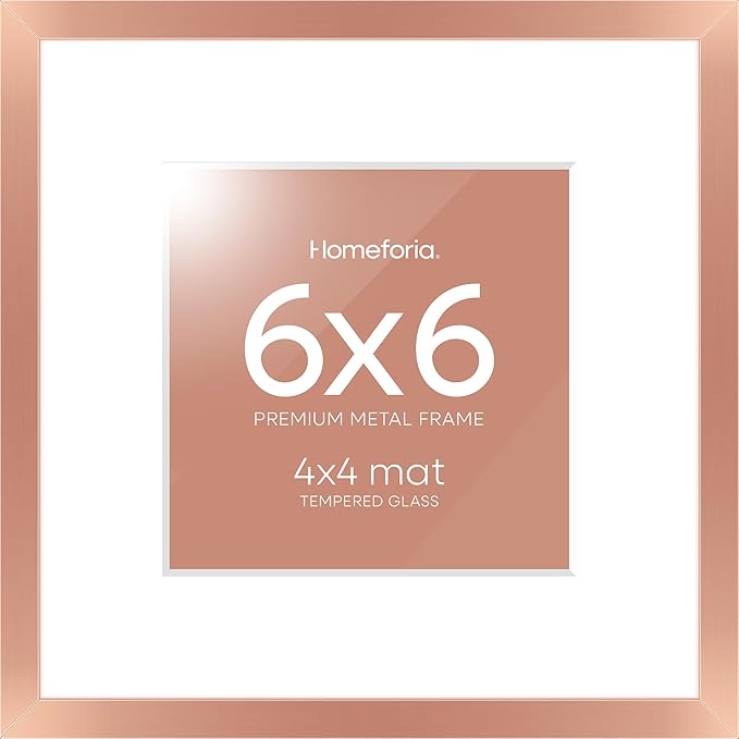 Homeforia Rose Gold Frame 6x6, High End Metal 6 x 6 Square Picture Frames with Mat 4 by 4 Art, 6x6 Photo Frame Matted to 4x4 inch Print, 6by6 Wall or Tabletop Frames, Tempered Glass, Wall Kit, Set of 1