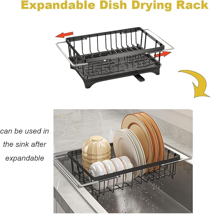 Expandable Dish Drying Rack Over Sink, Space-Saving Dish Racks for Kitchen Counter, Dish Drainer Rack in Sink with Removable Utensil Holders, 11.2" D x 14.5" W x 4.5" H, Black