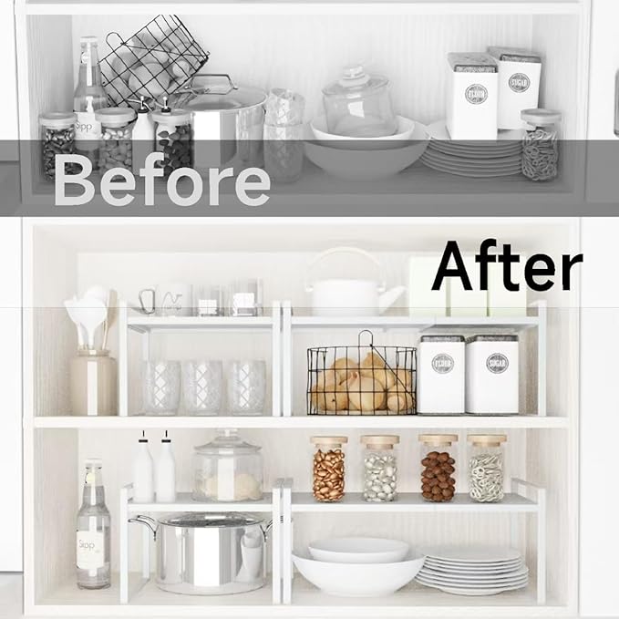 Microwave Oven Rack Expandable Countertop Heavy Duty Microwave Shelf 2-Tier Adjustable Metal Storage Shelf Rack for Kitchen (White-S)