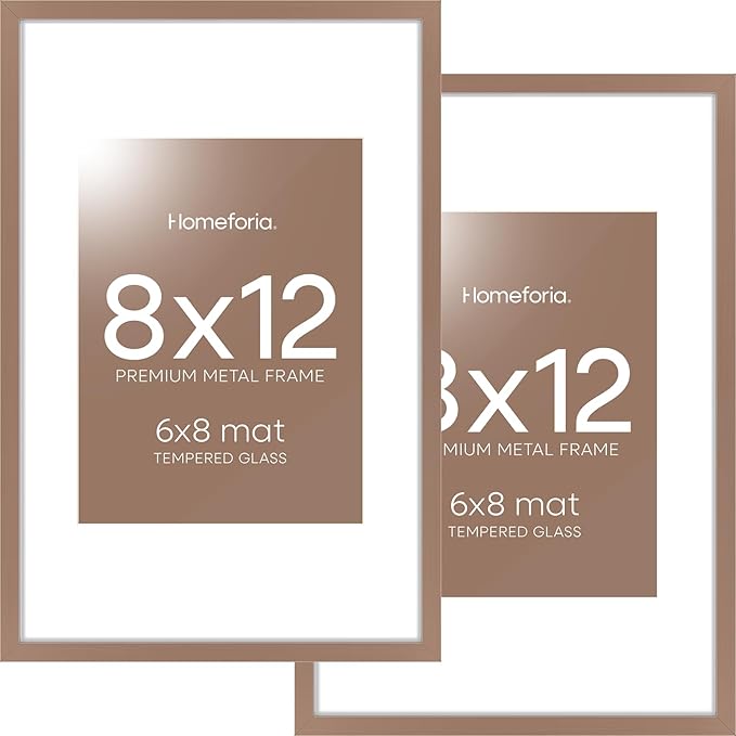 Homeforia 8x12 Picture Frame Mocha, High End Metal 8 x 12 Poster Frames with Mat 6 by 8 for Photo, 12x8 Frame Matted to 6x8 inch Print, 8by12 Wall or Tabletop Frame, Tempered Glass, Wall Kit, Set of 2