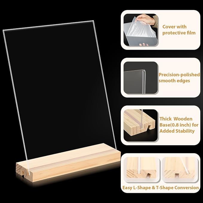 2pack 8.5x11 Acrylic Sign Holder with Wood Base for Picture Frames,L/T Shape Double Slot Design for Vertical or Slant Back Display, for Restaurant, Office, School, Store and Home Use