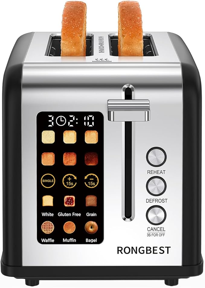 2 Slice Easy Touch Screen Toaster, Stainless Steel Toaster with Wide Slots, Even Toasting for Bagels & Bread, Reheat & Defrost, Removable Crumb Tray, Matt Black